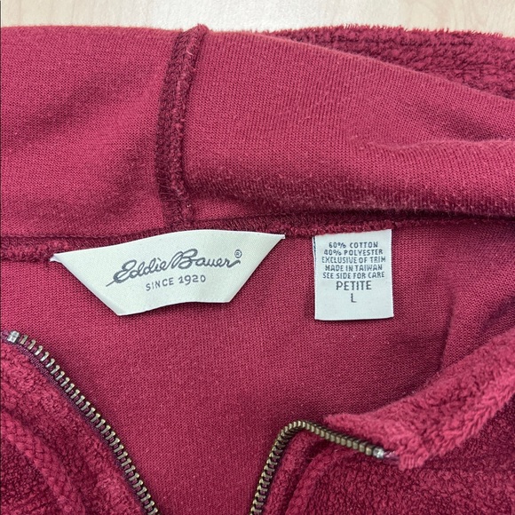 Eddie Bauer Plush Burgundy Red Full Zip Hoodie with Pouch Pocket Large Petite - Picture 3 of 4